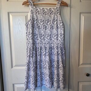 LOFT Blue White Floral Cutout Back Sun Dress Square Neck Viscose Size 10